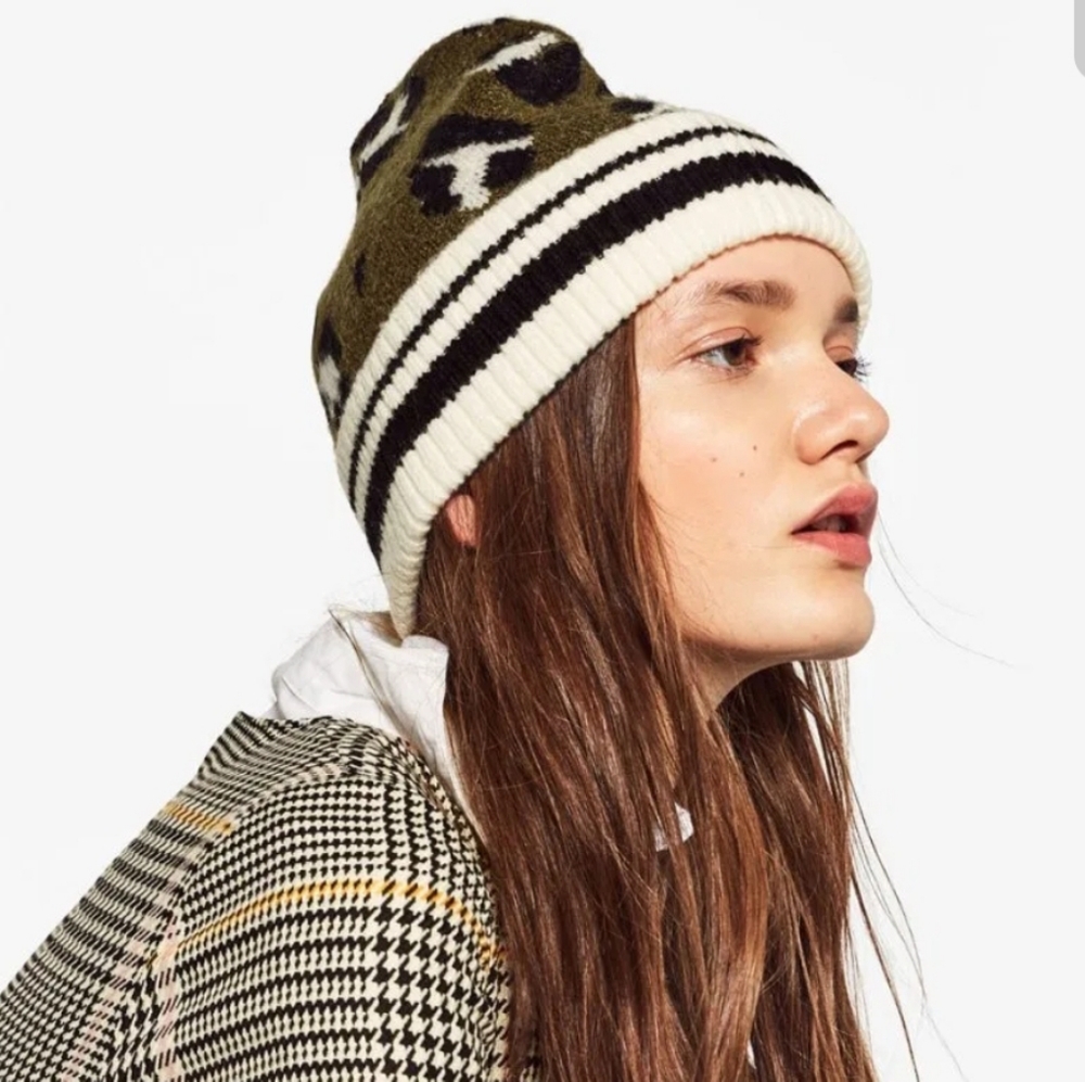 Zara Animal Print Striped Knitted Beanie